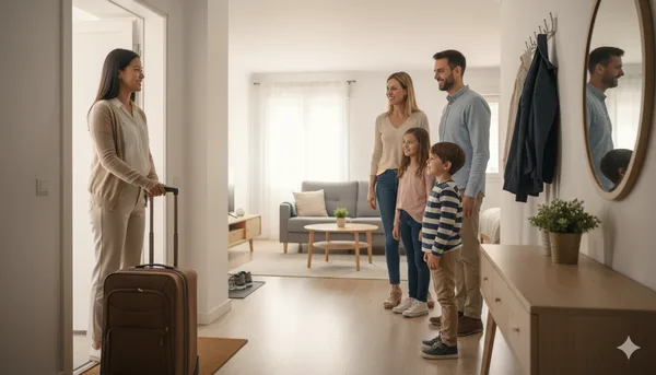 Joven au-pair llegando con su maleta al domicilio de la familia de acogida