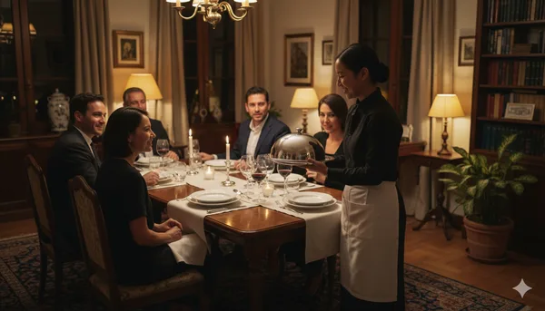Camarero doméstico sirviendo la mesa en una cena privada